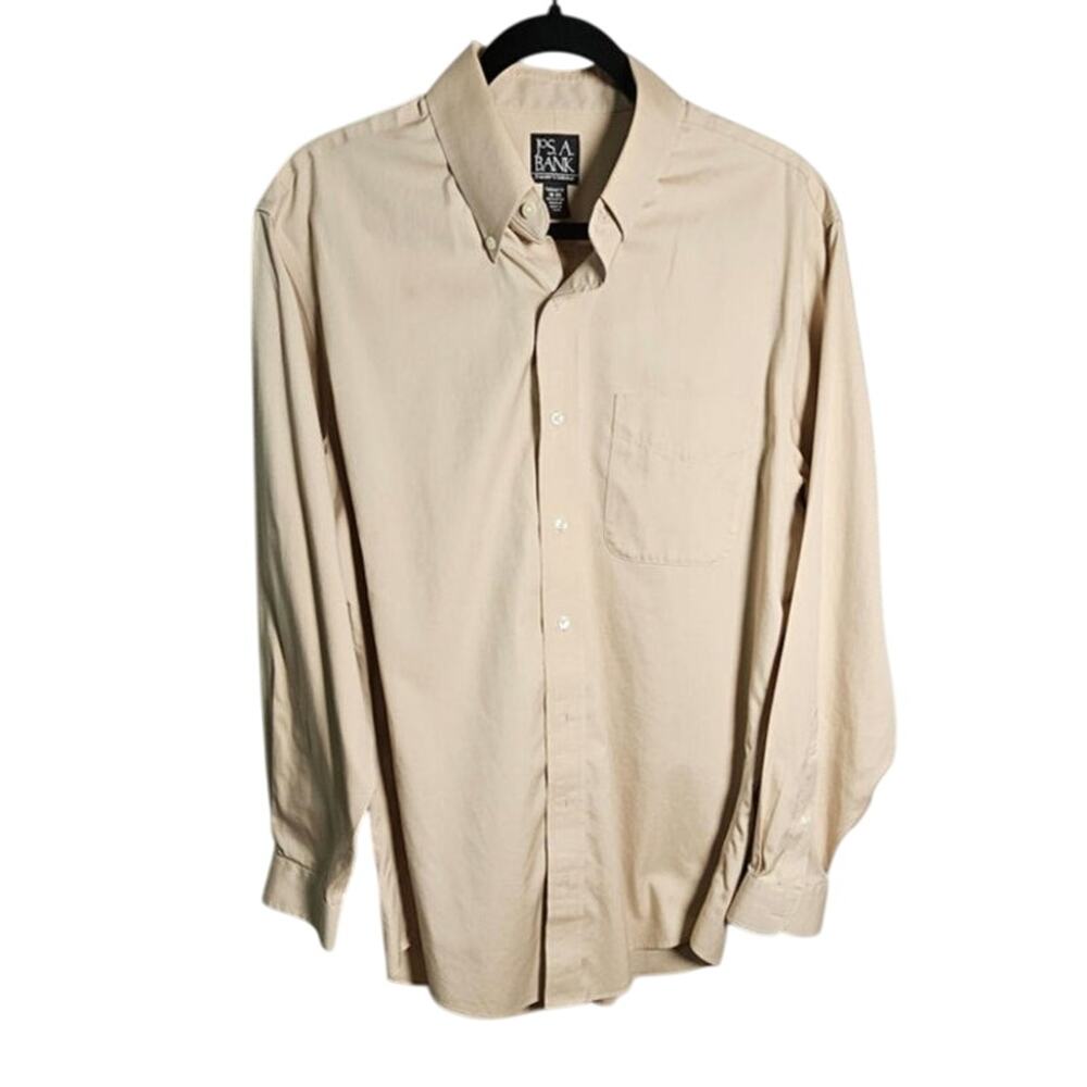 Jos A Bank Button Up Oxford 100% Cotton Creamy Beige PTP 23 Length 32 Size 16/34